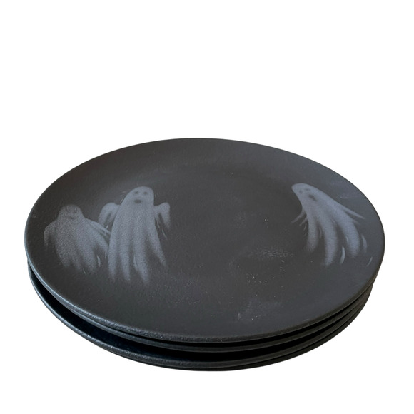 Halloween Ghost Dinner Plates 10.5in Matte Black Set of 4 Made in Brazil New - Picture 4 of 14